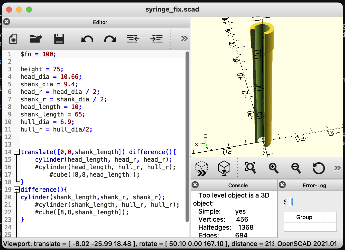 Screen shot of the OpenSCAD interface. There is a code-input panel on the left and rendered 3d object on the right. Object is the designed part which is a cylinder long enough to mount on the sheath around the previously mentioned picture of the autoinjector.